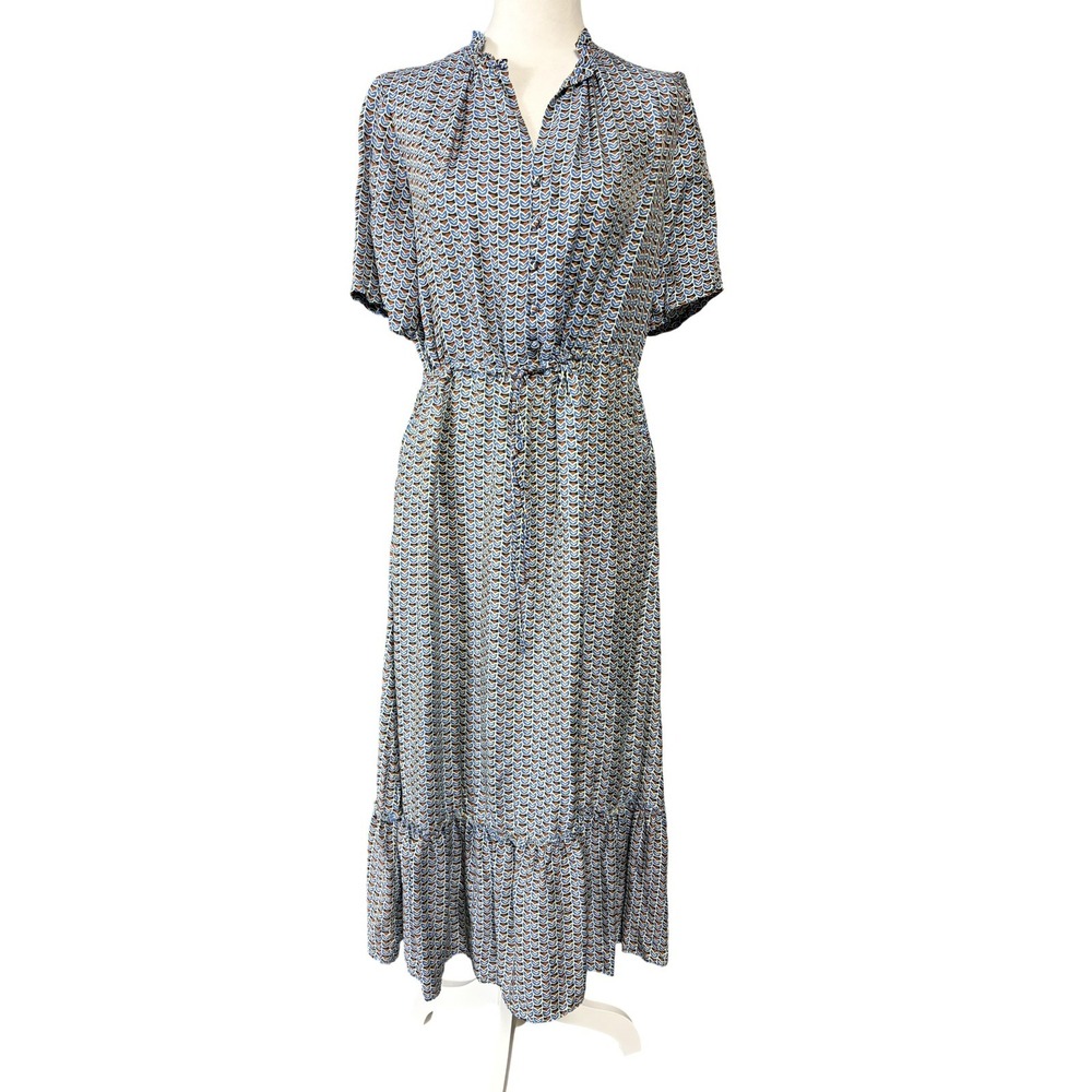 J. McLaughlin Shirt Dress Womens XS Blue Geometric Silk Maxi Ruffle Short Sleeve
